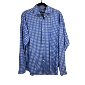 Hugo Boss Dress Shirt Blue Check 100% Cotton Regular Fit Long Sleeve 16.5 34/35